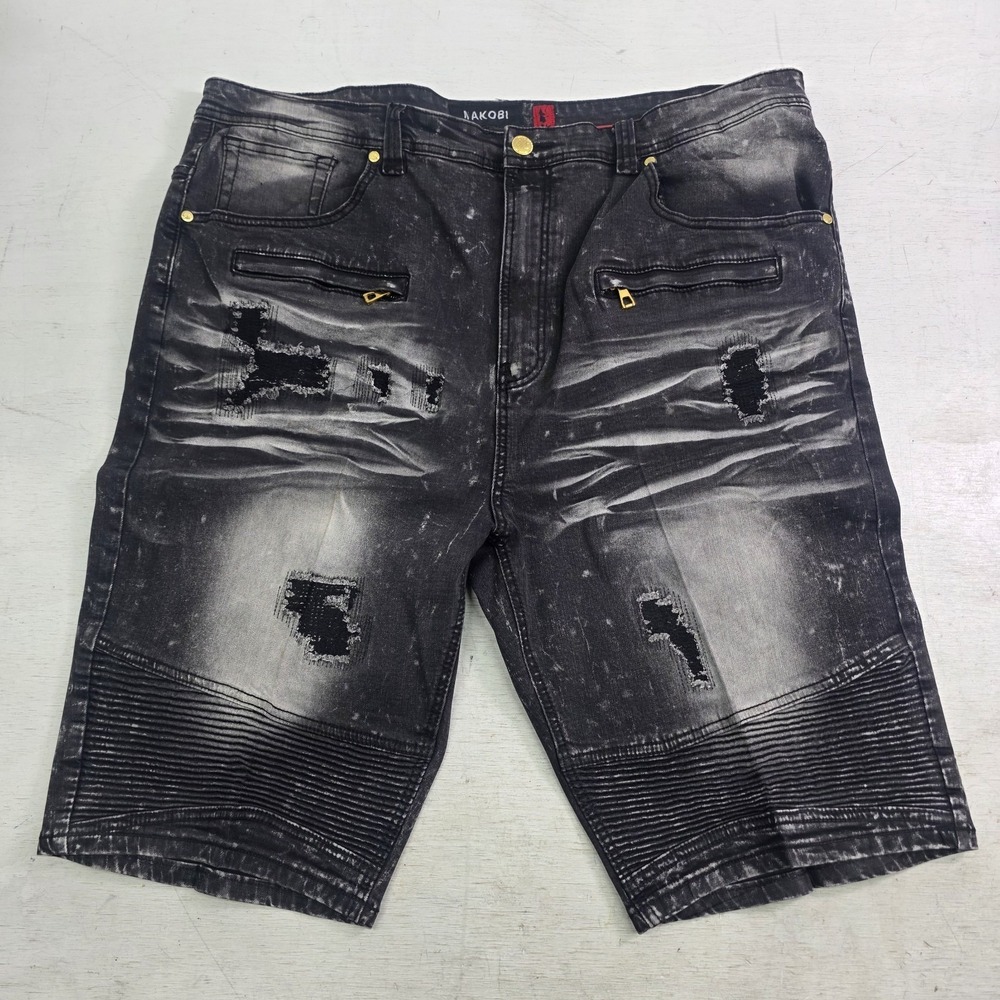 Makobi Biker Shorts Men's Size 44 Black Acid Wash Distressed Moto Streetwear Y2K